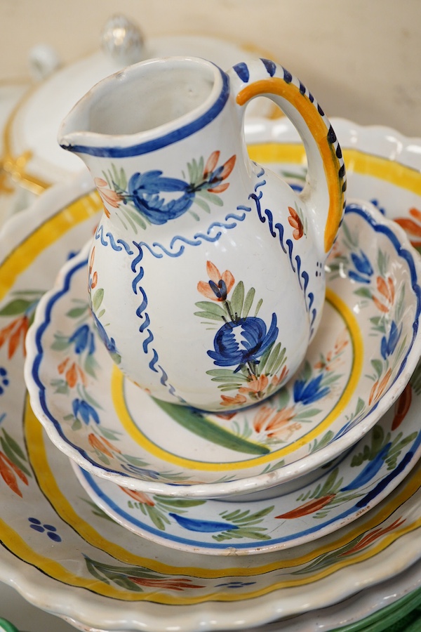 Quimper tableware (five) and eleven green-glazed leaf plates and similar dish- 17.5cm wide.